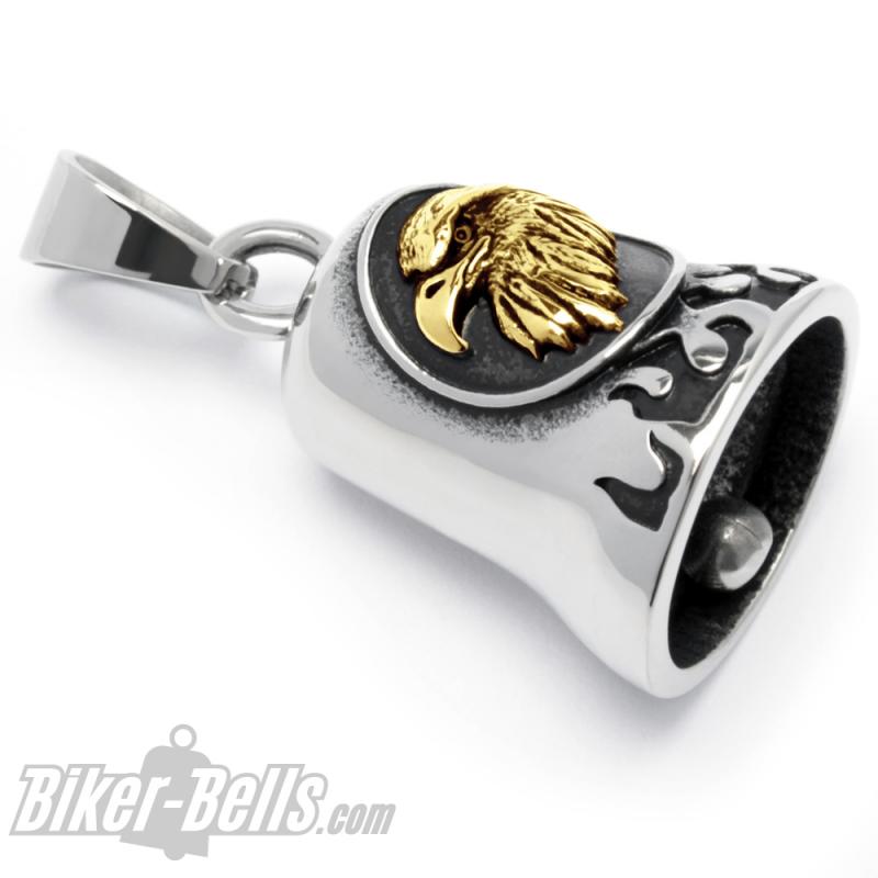 Edelstahl Biker-Bell mit goldenem Adler Motorradfahrer Glücksbringer Eagle Glocke